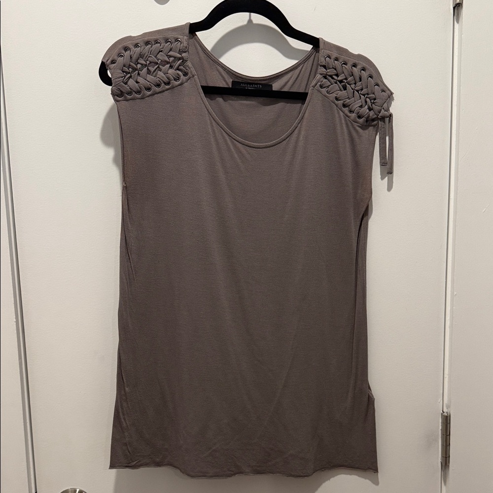 All Saints Taupe Sleeveless Blouse with Braided Shoulders